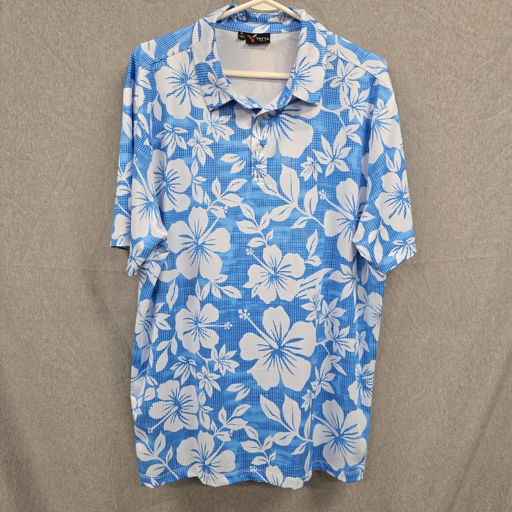 Yatta Golf Mens XL Blue White Hibiscus Performance Polo Shirt Short Sleeve